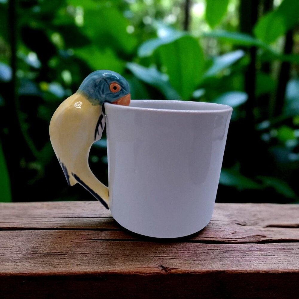 Vintage Pier 1 Imports Parrot Handle Mug Blue and Yellow Porcelain Tropical